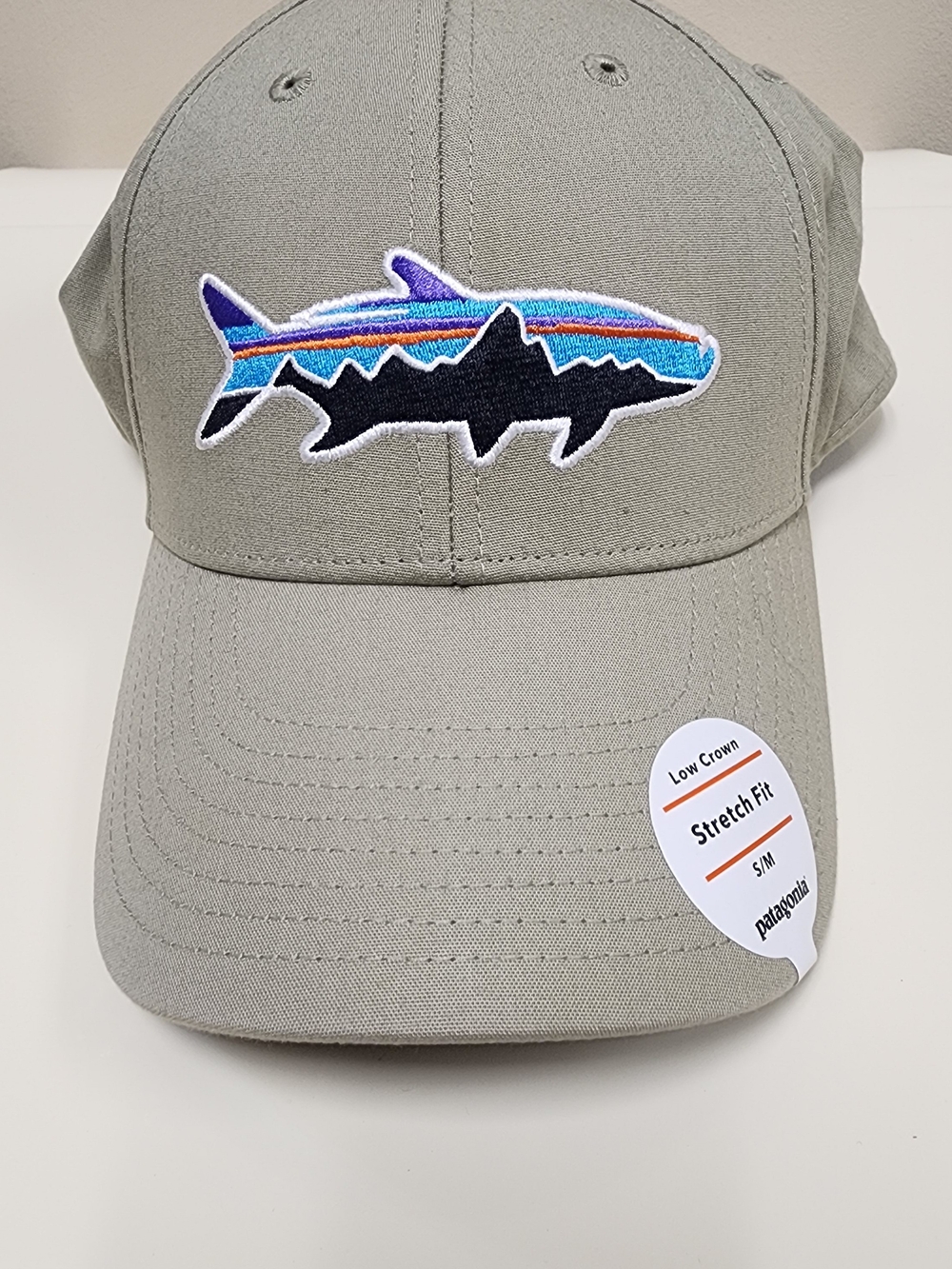 Patagonia Stretch-Fit Hat in Light Gray with Multicolor Shark Patch